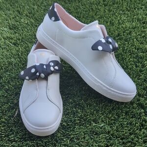 NEW Kate Spade White Slip On Sneakers with Satin Navy Blue Polka Dot Bow